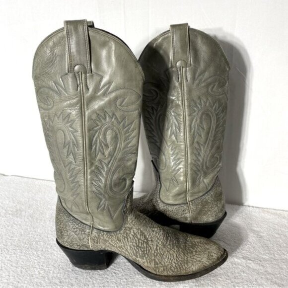 Vintage Grey Green Leather Pointed Toe Cowboy Boots 8.5 - Picture 13 of 16